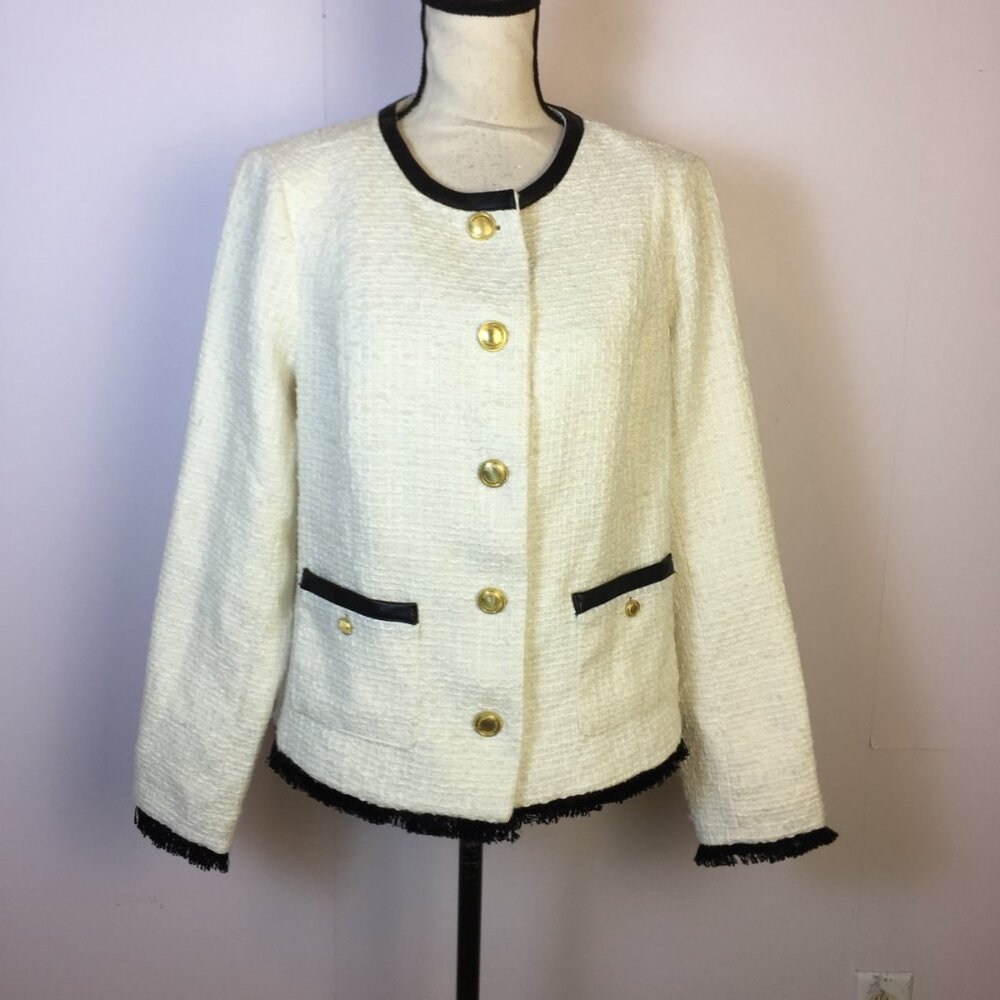 G by Giuliana Black Label Timeless Tweed Jacket Size S Womans Ivory Gold Buttons